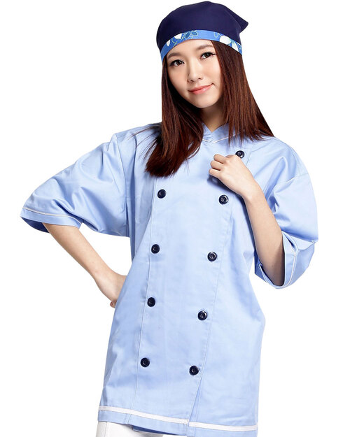 廚師服 雙排黑釦 水藍<span>CCW-CAN-BA-04</span>  |商品介紹|餐飲服裝 / 廚師服 / 廚師帽|西式廚師服  【訂製款】