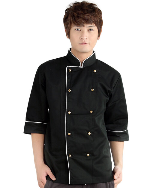廚師服 雙排金釦 黑出芽白<span>CCW-CAN-BA-08</span>  |商品介紹|餐飲服裝 / 廚師服 / 廚師帽|西式廚師服  【訂製款】