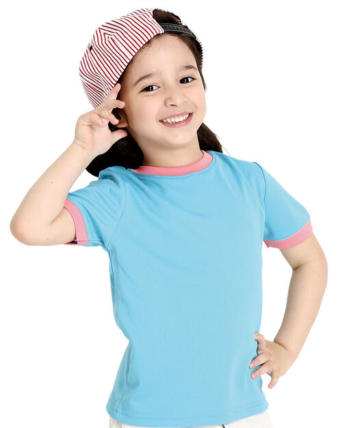 團體服樣式精選<br>排汗衣 圓領短袖 吸引力快乾 童 天藍配粉紅<span>THQK-AD01-50-Style</span>  |商品介紹|團體服客製樣式訂製款式設計範例100款