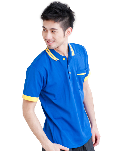 POLO衫訂製款有口袋斜袖中性-寶藍黃配雙黃條領 <span>PCANB-P01-00265</span>