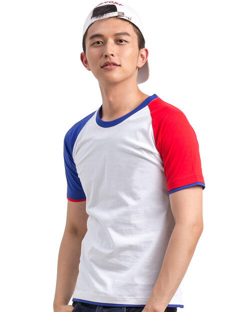 訂製T恤雙色接袖圓領中性-白接藍/紅 <span>TCANB-A01-00209</span>  |商品介紹|T恤客製化【訂製款】|T恤訂製短袖中性版