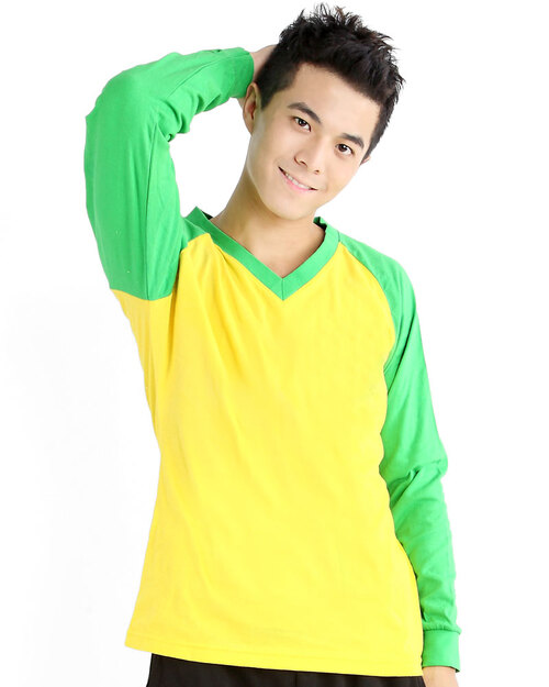 T恤訂製款v領斜長袖中性-黃果綠袖<span>TCANB-B02-00123</span>