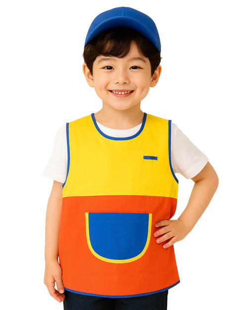 幼兒園圍兜 無袖 訂製款 有口帶 黃橘接片 <span>BIC-00-17</span>  |商品介紹|圍兜【訂製款】|幼兒園圍兜 無袖