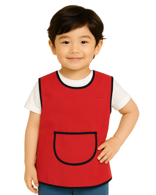 幼兒園圍兜 無袖 訂製款 紅滾黑加口袋 <span>BIC-00-20</span>