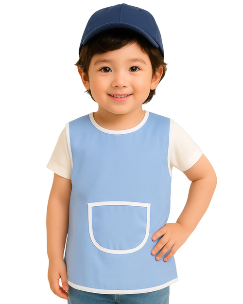 團體服樣式精選<br>幼兒園圍兜 無袖 訂製款 藍滾白加口袋<span>BIC-00-01-Style</span>