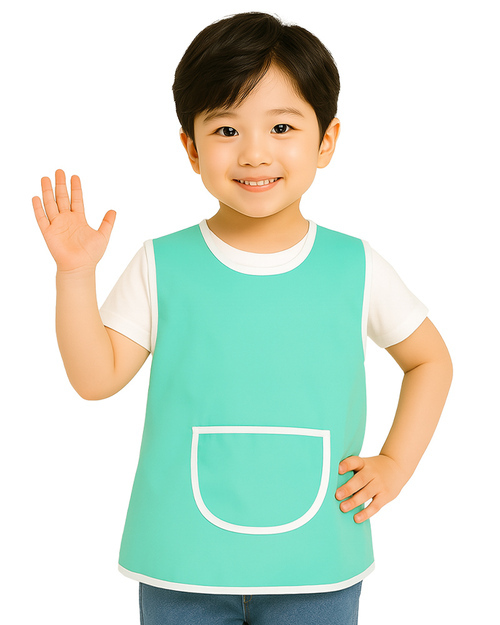 團體服樣式精選<br>幼兒園圍兜 無袖 訂製款 蒂芬妮綠滾白加口袋 <span>BIC-00-21-Style</span>