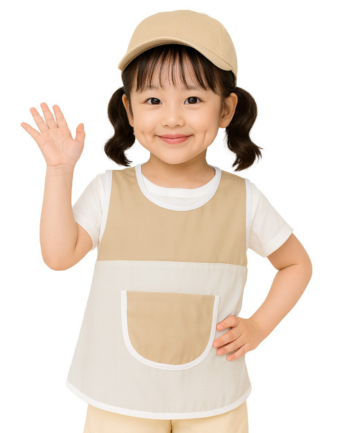 團體服樣式精選<br>幼兒園圍兜 無袖 訂製款 卡其配米白<span>BIC-00-29-Style</span>