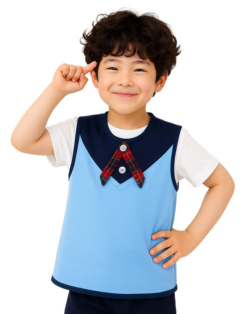團體服樣式精選<br>幼兒園圍兜 無袖 訂製款 假兩件水藍滾丈青<span>BIC-00-25-Style</span>