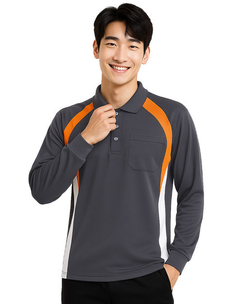 POLO訂製中性｜束口袖剪接造型｜灰配桔白｜<span>PCANB-P12-00483</span>