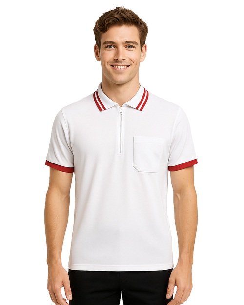 POLO衫短袖訂製｜拉鍊領束口袖｜白配紅｜<span>PCANB-S21-00478</span>