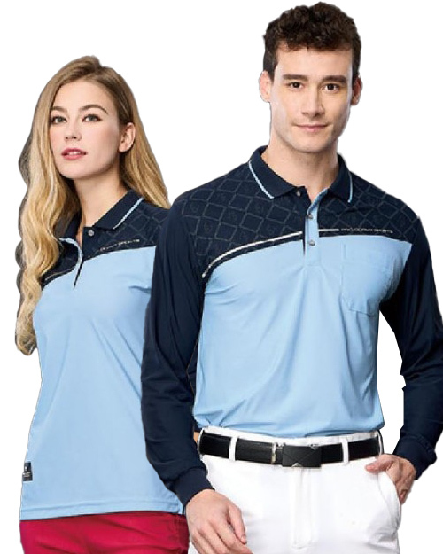 休閒POLO-精棉珠地拉架布-水藍配丈青 <span>男版PD-L81089女版PD-L81090</span>  |商品介紹|休閒 POLO衫【現貨款】|POLO衫 WANYU長袖【現貨款】