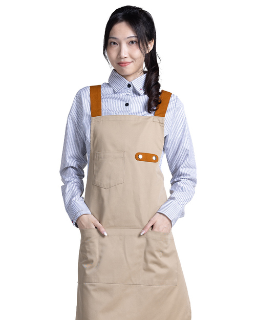 裝飾釦日式圍裙 卡其配褐色 <span>APCAN-A-00073</span>  |商品介紹|圍裙【訂製 / 現貨款】|大人圍裙【訂製款】
