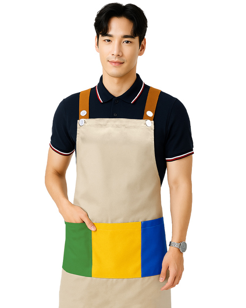 文具店日式圍裙/3口袋圍裙卡其撞色/<span>APCAN-A-00078</span>