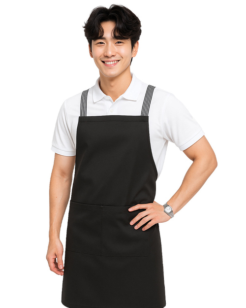 連身圍裙-交叉式圍裙訂製-黑配條紋織帶｜<span>APCAN-X-00071</span>