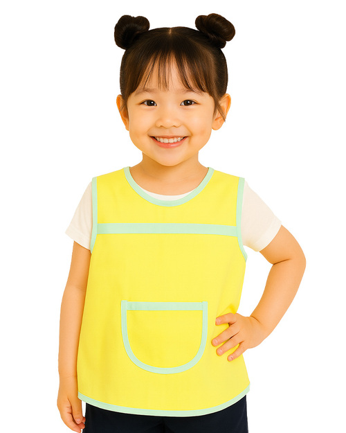 幼兒園圍兜 無袖 訂製款 黃滾粉綠加口袋<span>BIC-00-03</span>  |商品介紹|圍兜【訂製款】|幼兒園圍兜 無袖