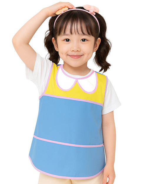 幼兒園圍兜 無袖 訂製款 藍黃滾粉紅<span>BIC-00-14</span>  |商品介紹|圍兜【訂製款】|幼兒園圍兜 無袖