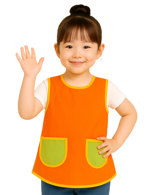 幼兒園圍兜 無袖 訂製款 桔滾金黃配綠 <span>BIC-00-43</span>