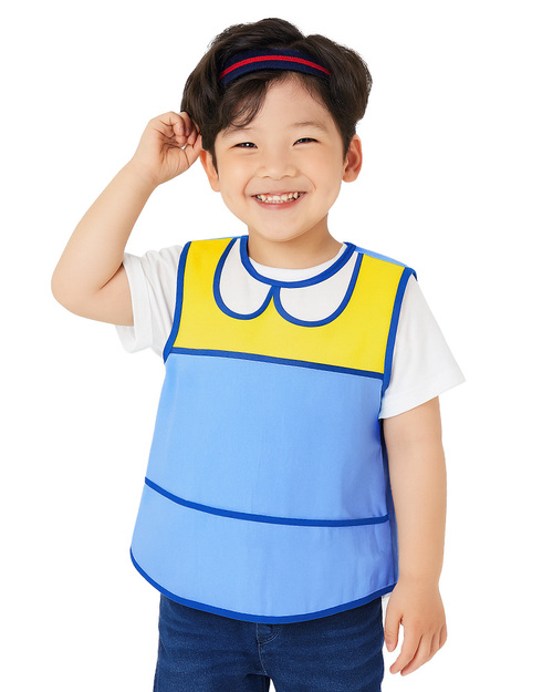 幼兒園圍兜 無袖 訂製款 水藍配黃白滾藍 <span>BIC-00-44</span>
