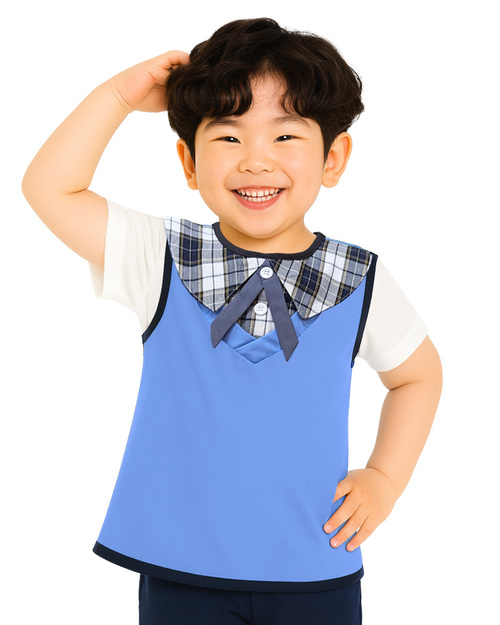 幼兒園圍兜 無袖 訂製款 假兩件款 藍配格子<span>BIC-01-26</span>