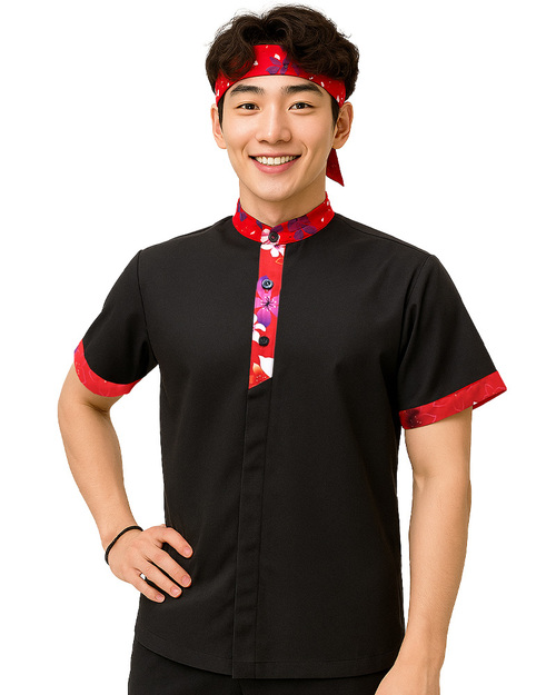 港式餐飲服 短袖 黑配紅花布 <span>CCH-CAN-SB-19</span>  |商品介紹|餐飲服裝 / 廚師服 / 廚師帽|港式餐飲服 【訂製款】