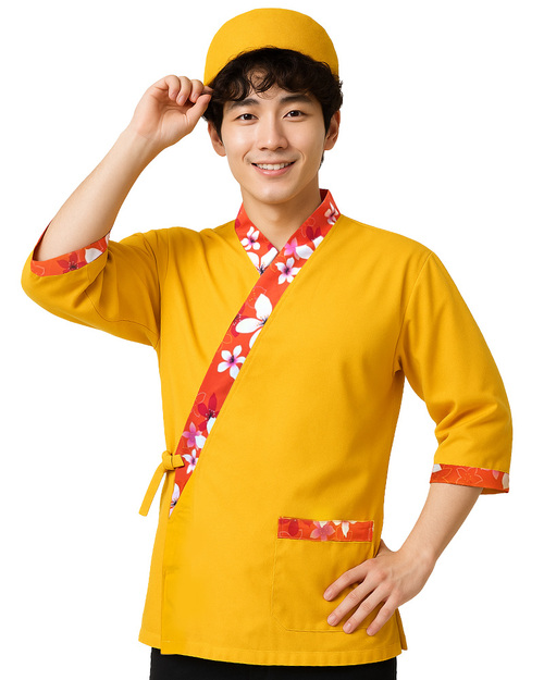 日式餐飲服 桔黃配桔花<span>CCJ-CAN-CA-11</span>  |商品介紹|餐飲服裝 / 廚師服 / 廚師帽|日式餐飲服 【訂製款】
