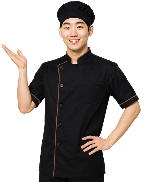 廚師服 單排黑釦 短袖 黑咖啡<span>CCW-CAN-AB-13</span>  |商品介紹|餐飲服裝 / 廚師服 / 廚師帽|西式廚師服  【訂製款】