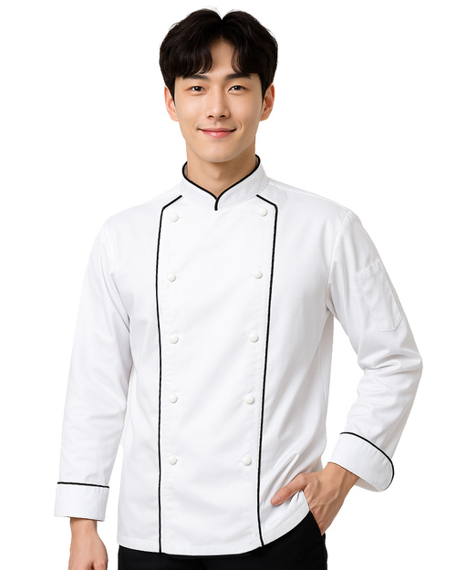 廚師服 雙排釦 九分袖 白出芽黑 <span>CCW-CAN-BB-10</span>  |商品介紹|餐飲服裝 / 廚師服 / 廚師帽|西式廚師服  【訂製款】