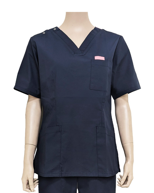 V領手術服 肩開釦款-腰身版-丈青配粉紅<span>DOCA-C01-02</span>  |商品介紹|醫護服 / 手術服  /  手術帽  /  健檢服【訂製款】|手術服 【訂製款】