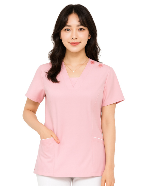 V領檔片 剪接斜口袋手術服-肩開釦款-粉紅<span>DOCA-A03-03c</span>