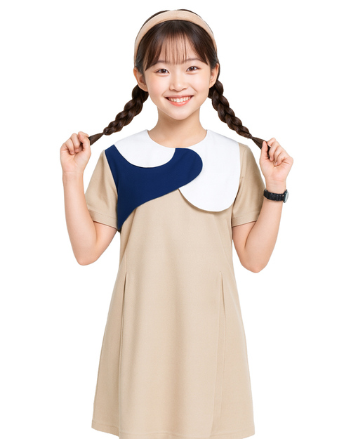 短袖 洋裝 訂製 拼接款 卡其配白深藍｜<span>DRCANK-B1-001-1</span>