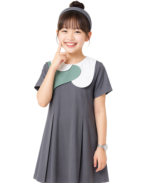 短袖兒童洋裝 訂製拼接款 深灰配白綠｜<span>DRCANK-B1-001</span>