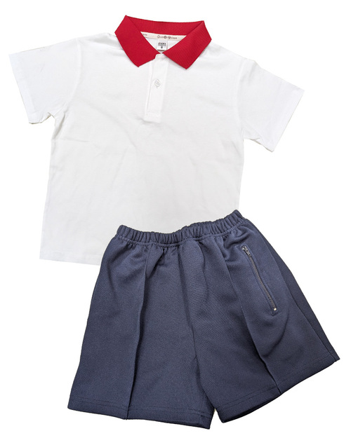 國小運動服-白配紅領/丈青褲 <span>KINDER-S-P01a</span>  |商品介紹|學校制服/幼兒園制服|幼兒園/學校運動服【訂製】夏季