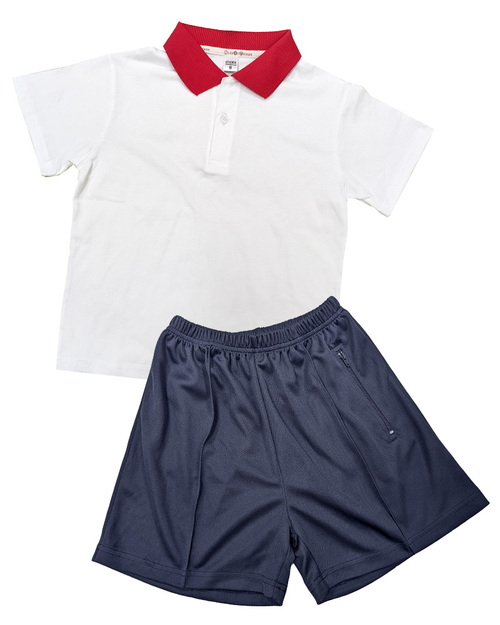 國小運動服-白配紅領/丈青褲 <span>KINDER-S-P01b</span>  |商品介紹|學校制服/幼兒園制服|幼兒園/學校運動服【訂製】夏季