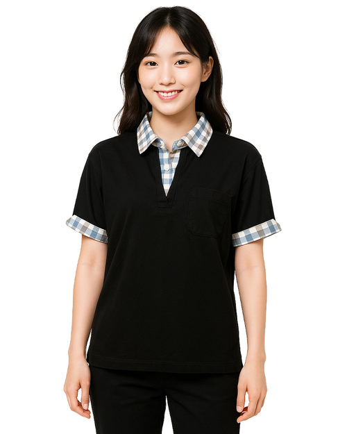 POLO衫訂製款｜有口袋假兩件｜加筆插腰身-黑/格紋｜<span>PCANG-S11-00360</span>