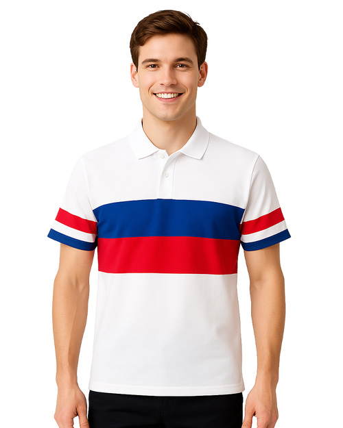 POLO衫短袖訂製｜橫條接片｜白紅藍｜<span>PCANB-P01-00481</span>