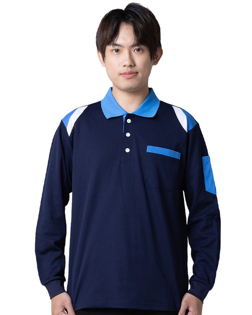 POLO衫訂製中性長袖-丈青肩接翠藍白 <span>PCANB-P12-00487</span>  |商品介紹|POLO衫客製化【訂製款】|POLO衫長袖訂製中性版