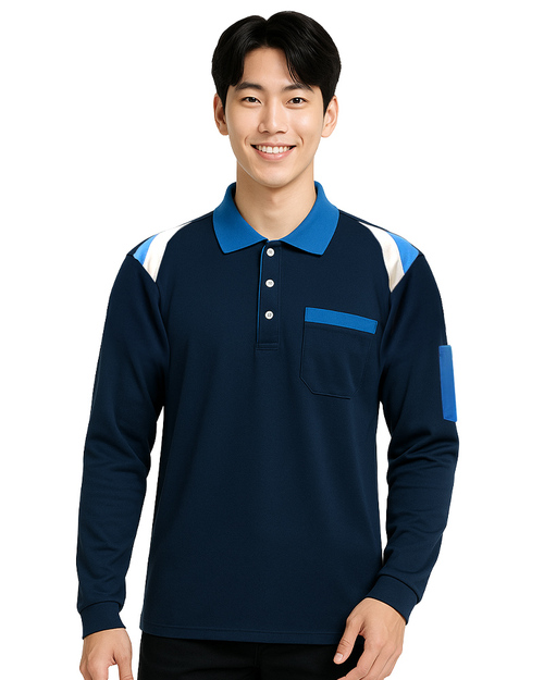 POLO衫訂製｜中性長袖｜丈青肩接翠藍白｜<span>PCANB-P12-00487</span>