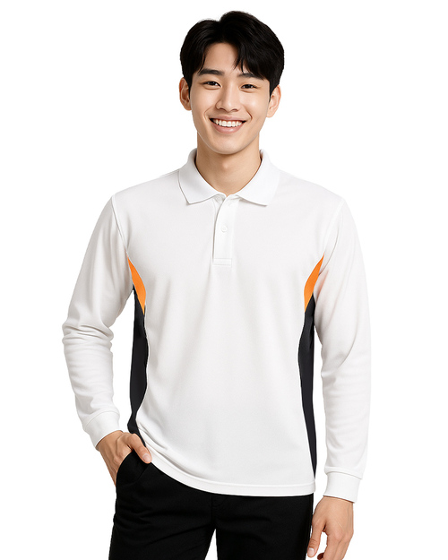 POLO衫長袖訂製｜腰側前後剪接｜白配桔黑｜<span>PCANB-P12-00489</span>