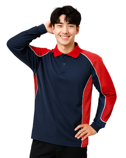 POLO衫長袖訂製｜肩膀腰側剪接出芽｜丈青配紅白｜<span>PCANB-P12-00491</span>