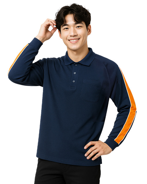 POLO衫長袖訂製｜斜袖剪接出芽-丈青配橘白｜<span>PCANB-P12-00492</span>