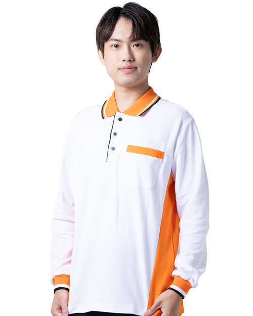 POLO衫長袖訂製-白配橘黑 <span>PCANB-P12-00496</span>  |商品介紹|POLO衫客製化【訂製款】|POLO衫長袖訂製中性版