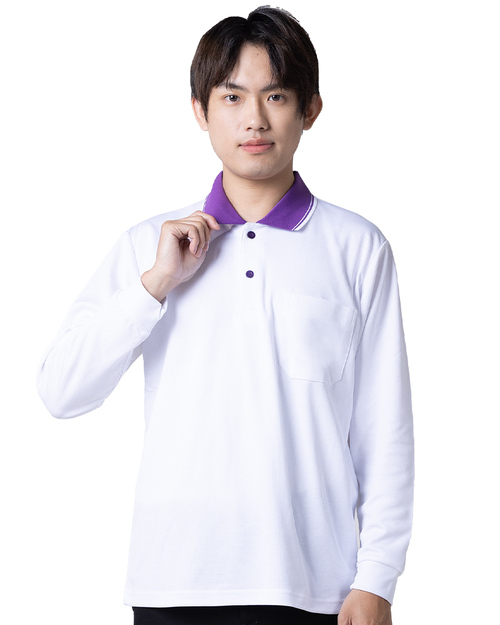 POLO衫長袖訂製-白配紫 <span>PCANB-P12-00497</span>  |商品介紹|POLO衫客製化【訂製款】|POLO衫長袖訂製中性版
