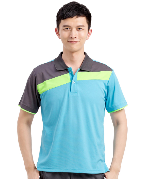 POLO衫訂製短袖斜片剪接造型雙袖款-水藍配灰螢光綠 <span>PCANB-S01-00421</span>
