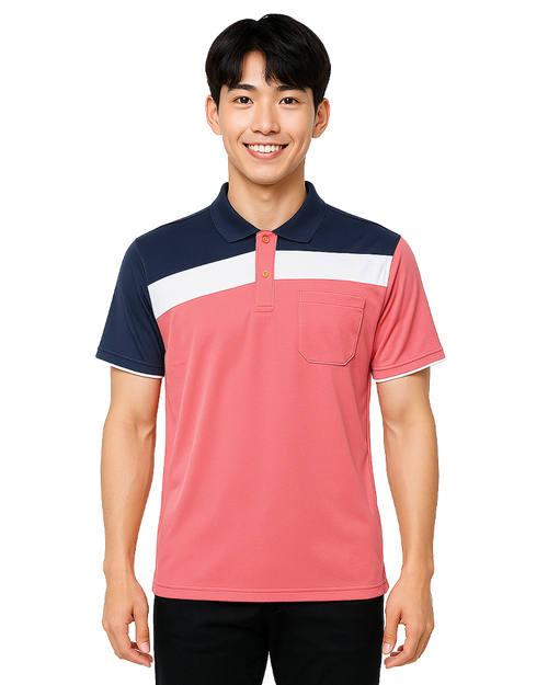 POLO衫訂製短袖｜斜片剪接造型｜雙袖款-粉桔配丈青白｜<span>PCANB-S01-00421C</span>