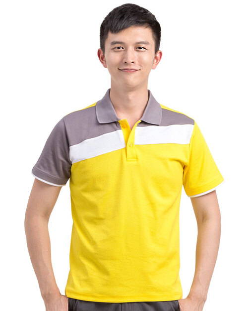 POLO衫訂製短袖斜片剪接造型雙袖款-黃配灰白 <span>PCANB-S01-00428</span>示意圖