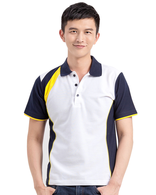 POLO衫短袖訂製造型接片雙袖款-白配丈青黃 <span>PCANB-S01-00438</span>  |商品介紹|POLO衫客製化【訂製款】|POLO衫短袖訂製中性版
