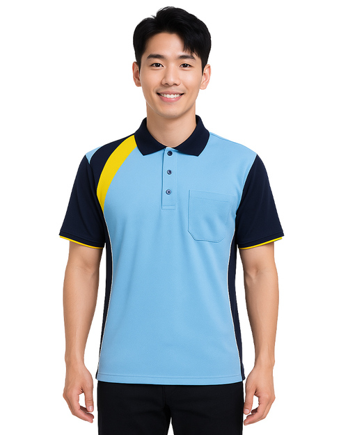 POLO衫訂製中性短袖｜協剪接配色款｜水藍配丈青黃｜<span>PCANB-S01-00476</span>