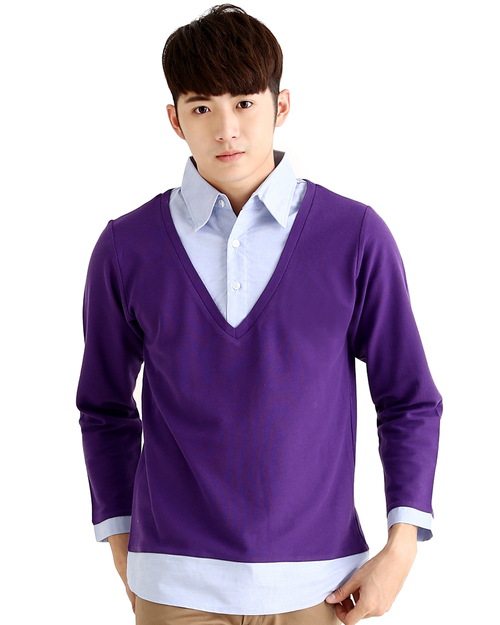 POLO衫訂製款中性長袖假兩件-紫/藍襯衫 <span>PCANB-S12-00382</span>
