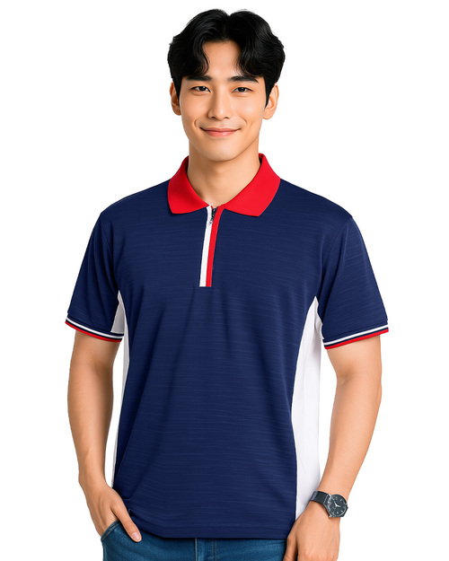 POLO衫-訂製-拉鍊款-短袖中性 麻花丈青配紅白 <span>PCANB-S21-00481a</span>  |商品介紹|POLO衫客製化【訂製款】|POLO衫短袖訂製中性版