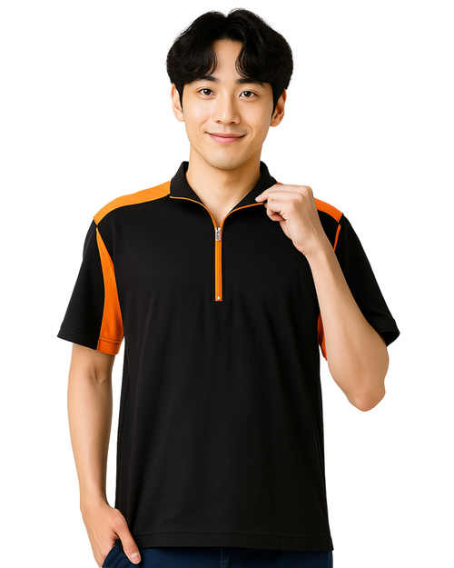 POLO衫 訂製 拉鍊 短袖 中性  黑配橘 <span>PCANB-S21-00482</span>  |商品介紹|POLO衫客製化【訂製款】|POLO衫短袖訂製中性版